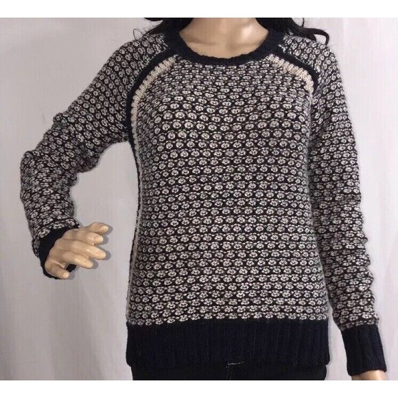 Max Studio Sweater Small Navy Blue Ivory Texture Knit Raglan Sleeve Wool Blend - Picture 1 of 12